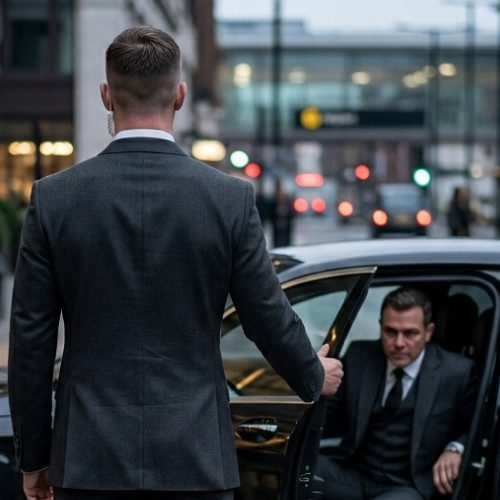 A close protection officer opening a car door for a corporate executive during transit in a city center