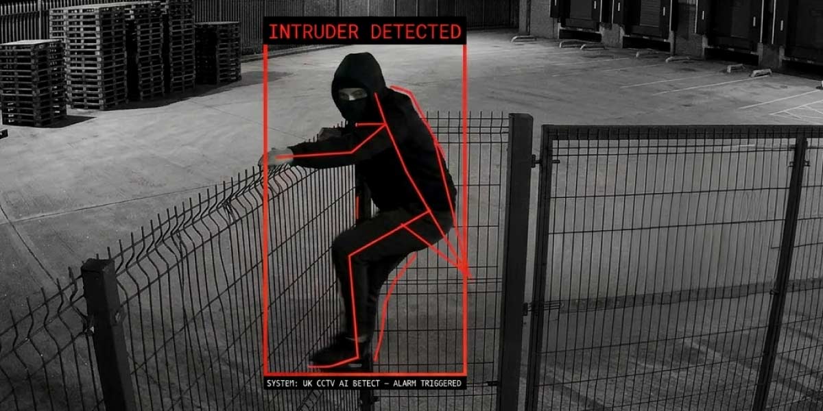 An AI-enhanced CCTV camera system tracking a fence-climbing intruder with a red bounding box overlay