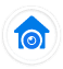 A blue circular icon featuring a house silhouette with a camera lens inside the center
