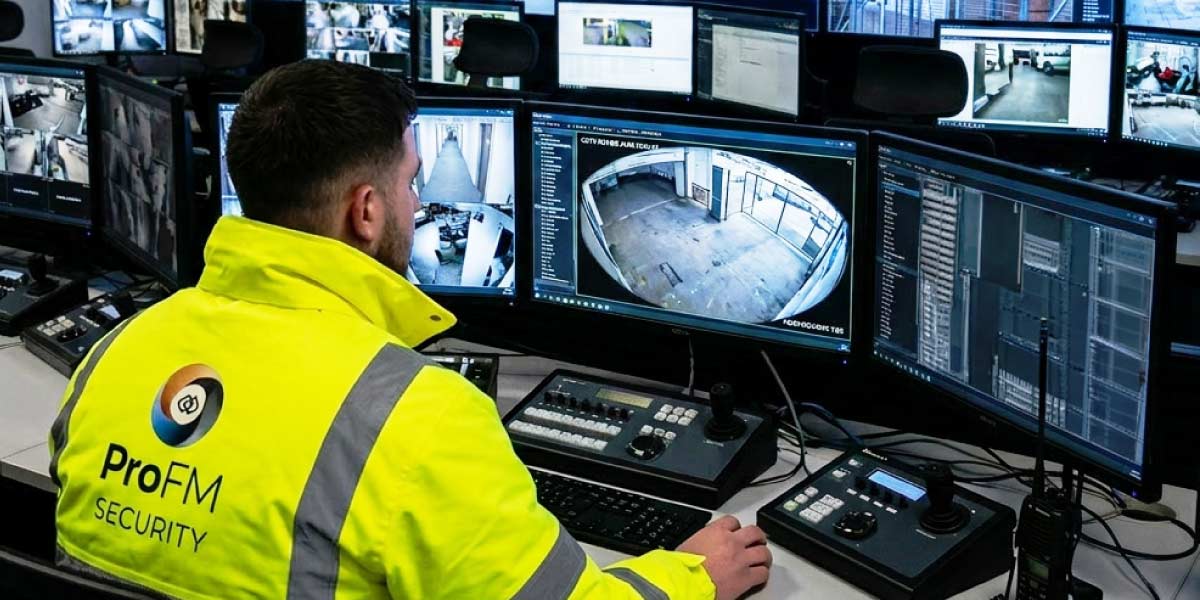 A ProFM security officer monitoring live surveillance feeds inside a 24/7 National Operations Centre control room