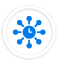 A blue circular icon featuring a central clock face surrounded by multiple connected nodes