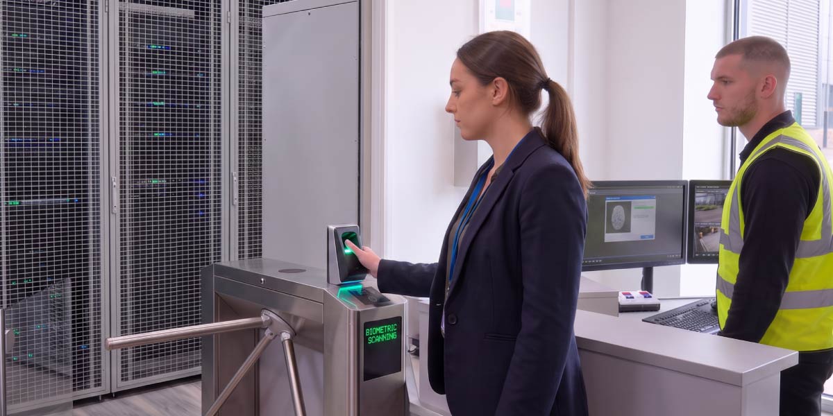 A woman scanning her fingerprint at a biometric turnstile entry barrier supervised by a security guard in a server facility.