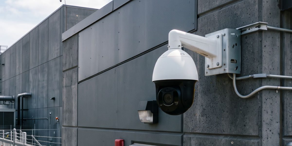 A white dome PTZ security camera mounted on the exterior concrete wall of a data centre facility.