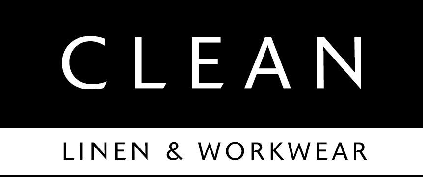 CLEAN Linen & Workwear corporate logo in black and white lettering.