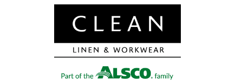 CLEAN Linen & Workwear corporate logo in black and white lettering.
