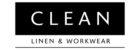 CLEAN Linen & Workwear corporate logo in black and white lettering.