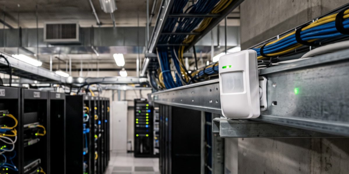 A white PIR motion sensor mounted on an overhead cable tray inside a data centre server room.