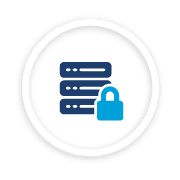 Circular blue icon displaying a padlock over server hardware, representing weekly manned security hours for data centres.
