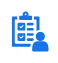 Blue compliance checklist icon with a person avatar representing NPSA and NCSC risk management standards.