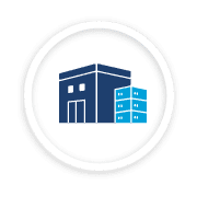 Circular blue icon showing a data centre building alongside server racks, representing protected server space.