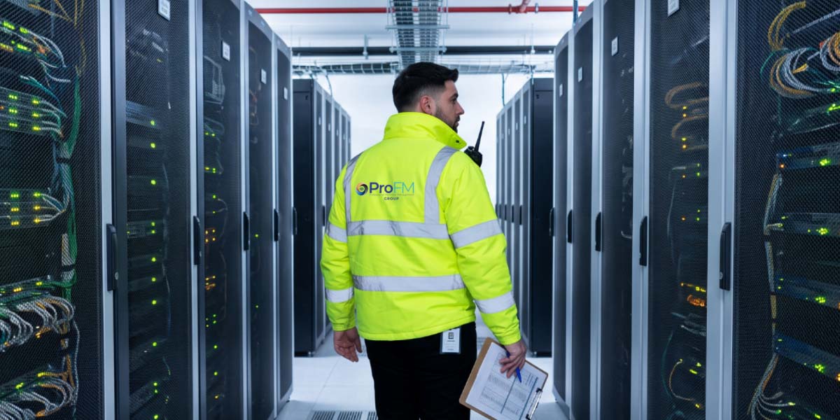 A ProFM security officer in high-visibility jacket carrying a clipboard while patrolling a data centre server aisle.