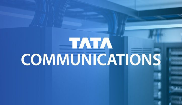 Tata Communications logo overlaid on a blue-tinted server room with server racks and overhead cabling.