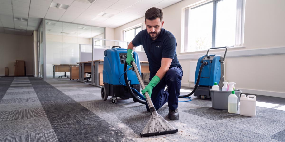 Builders cleaning operative carrying out carpet and floor cleaning within a newly completed commercial office during a post-construction clean.