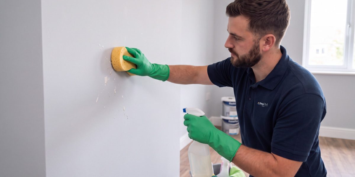 Builders cleaning operative removing paint splashes and construction residue from internal walls before a commercial project handover.