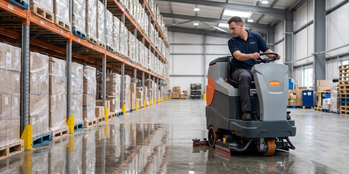 Ride-on warehouse floor cleaning machine cleaning warehouse aisles and storage areas within a distribution facility.