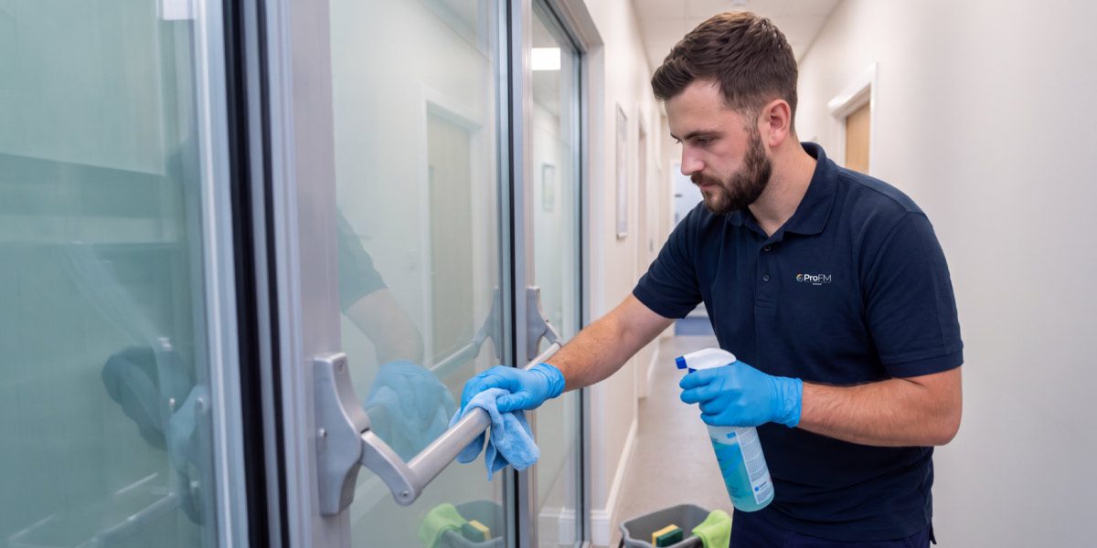Professional cleaner disinfecting door handles and high-touch surfaces in a dental practice corridor as part of an infection control cleaning programme.