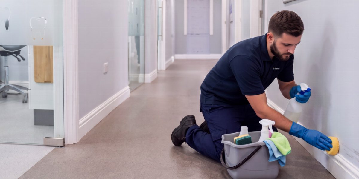 Professional cleaner disinfecting skirting boards and clinical corridor surfaces within a dental practice as part of a documented cleaning programme.
