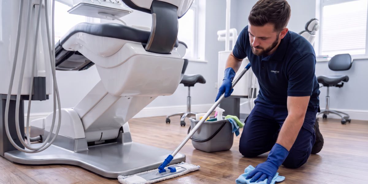 Professional cleaner using colour-coded cleaning equipment to clean a dental treatment room in line with infection control procedures.