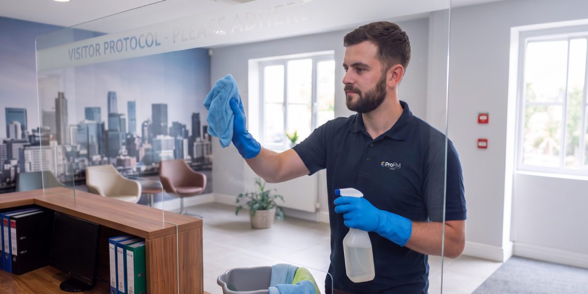 Professional cleaner disinfecting a reception screen and high-touch surfaces within a dental practice as part of an infection control cleaning programme.