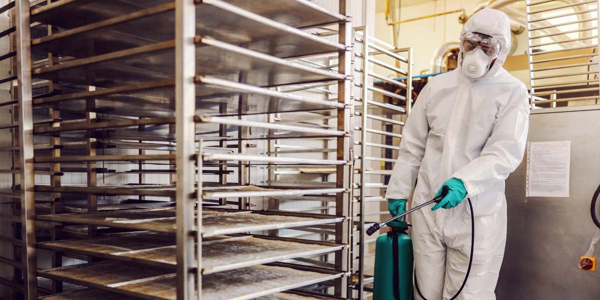 Plain Text 1 Industrial cleaning operative sanitising food production equipment and storage racks within a manufacturing facility.