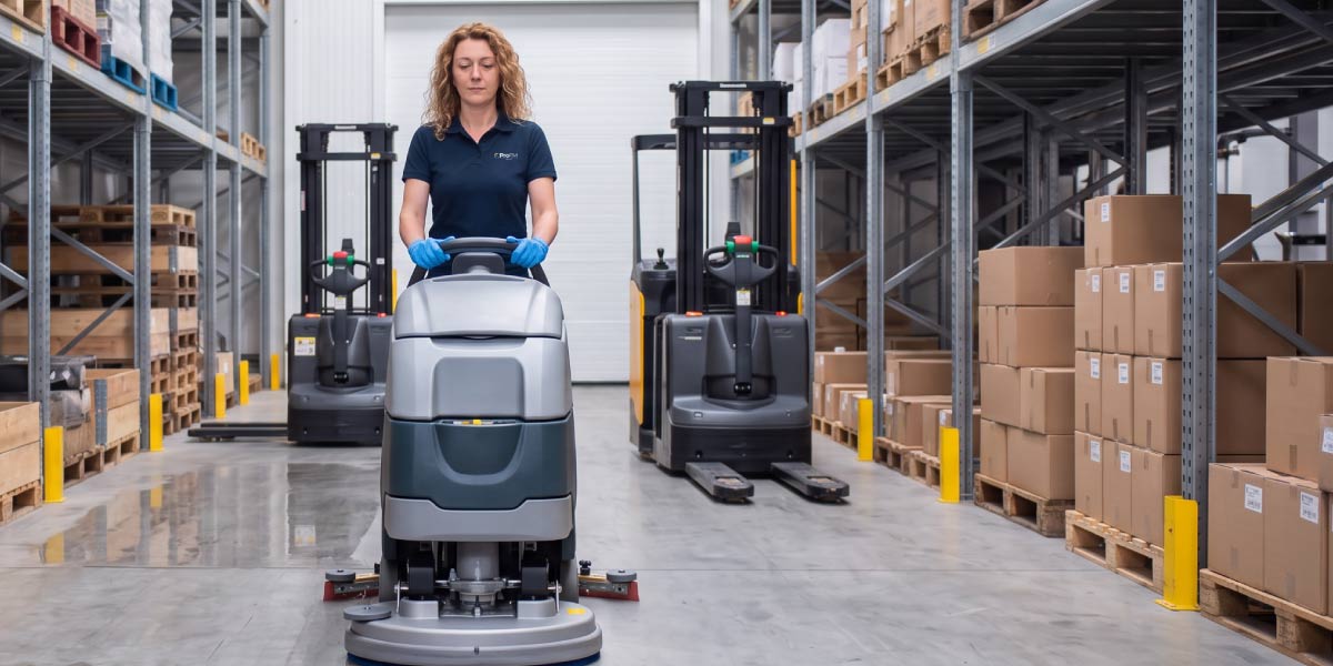 Industrial cleaning operative using a ride-on floor scrubber to clean factory floors and warehouse aisles within a manufacturing facility.