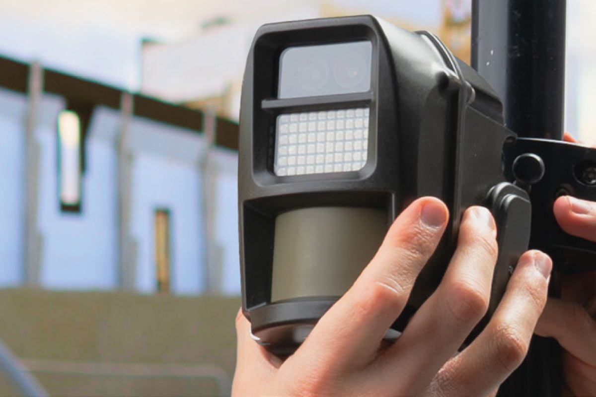 ProEyez AI motion detection camera installed on a site perimeter for wireless intrusion detection and visual verification.