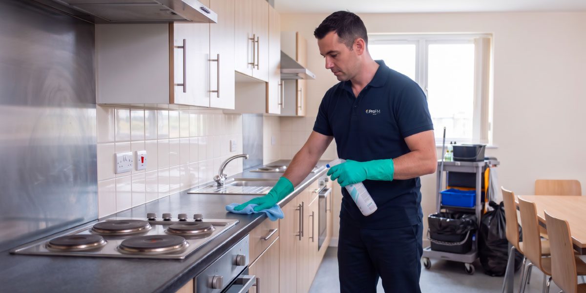 Professional cleaner sanitising a communal kitchen within a managed residential property as part of a property management cleaning service.