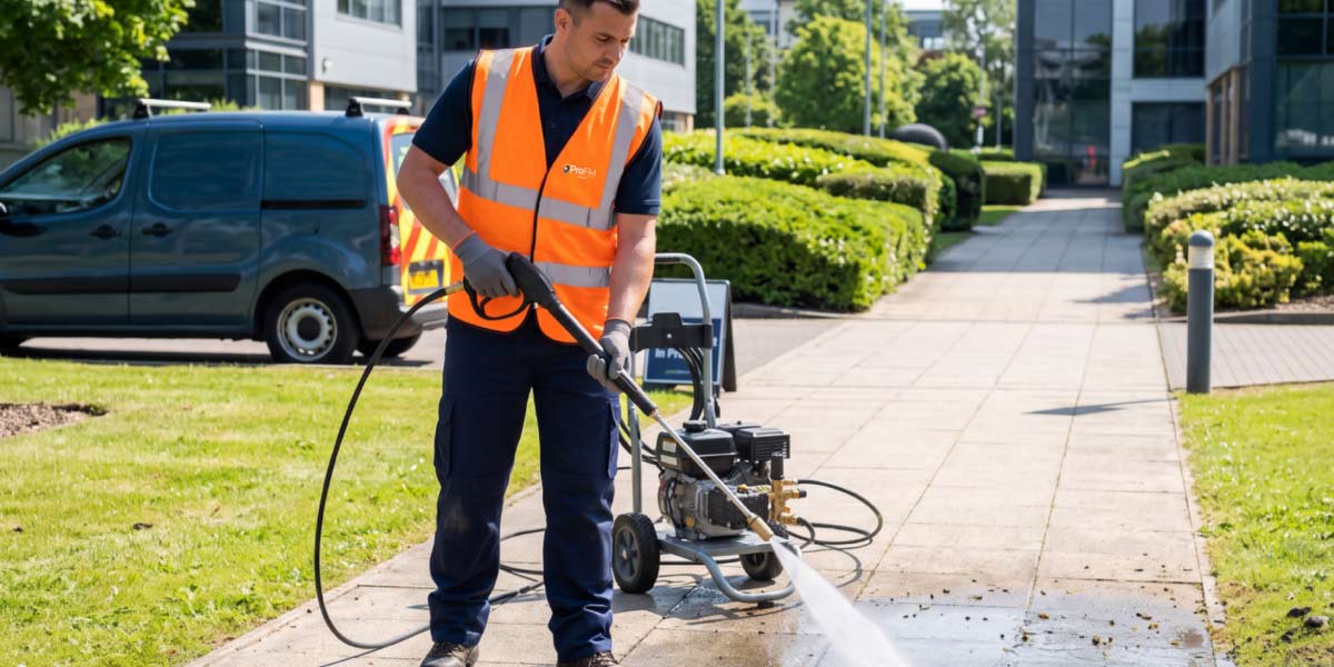 Professional cleaner pressure washing pathways and communal outdoor areas at a managed residential property.