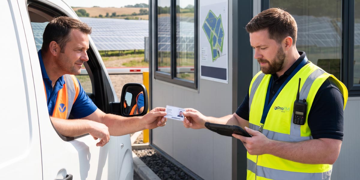ProFM security officer verifying contractor identification at a solar farm gatehouse as part of site access control procedures.