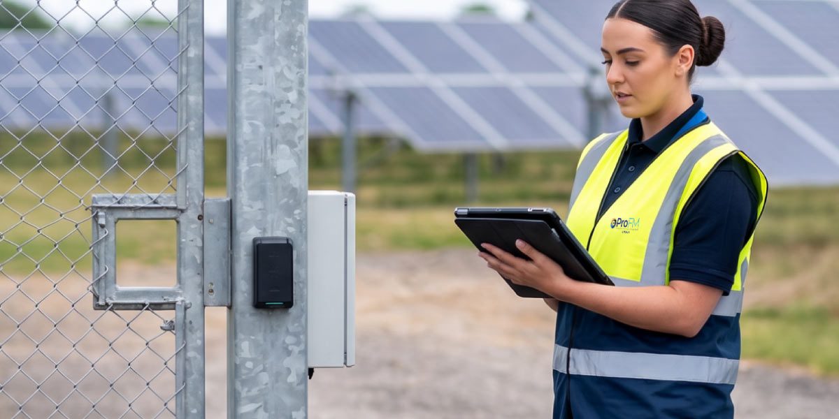 ProFM security officer using a tablet at a secure gate entrance to a solar farm protected by perimeter fencing and access control systems.