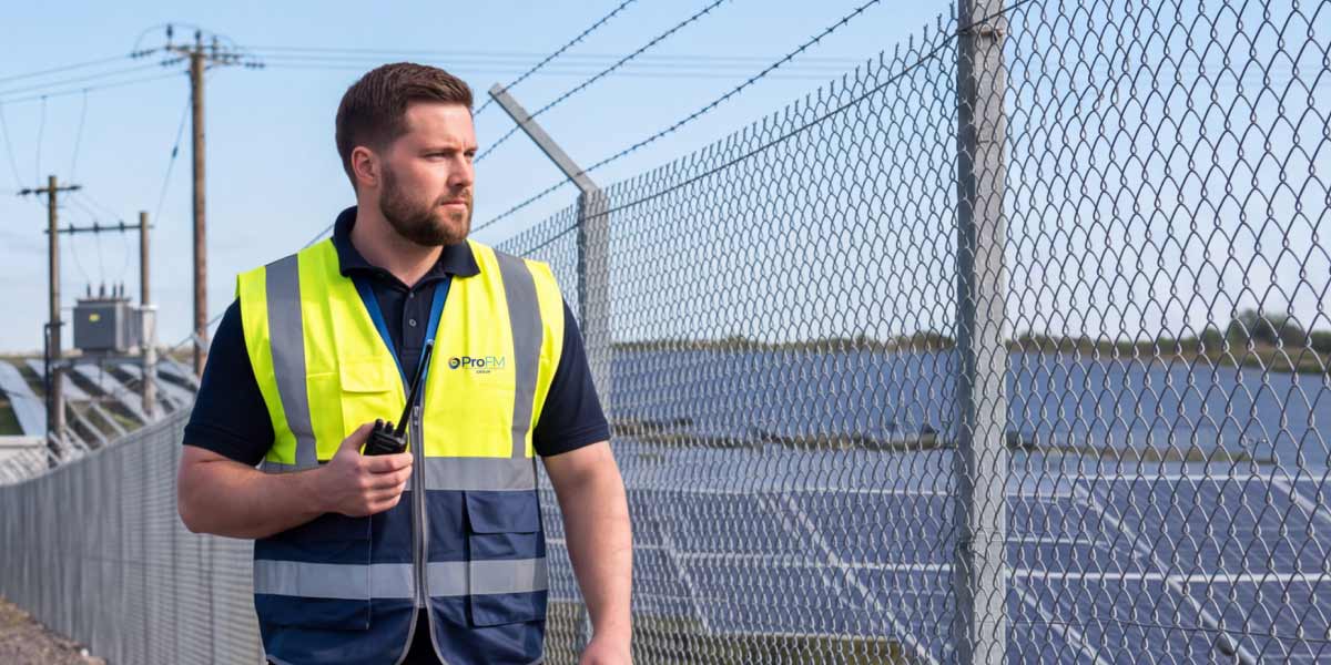 ProFM security officer carrying out perimeter security checks at a fenced solar farm to support site security and compliance requirements.