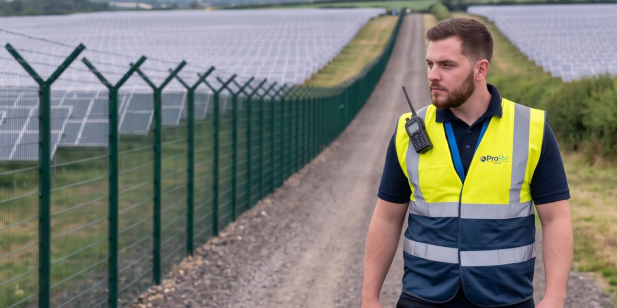 ProFM security officer carrying out a perimeter patrol at a ground-mounted solar farm protected by security fencing.