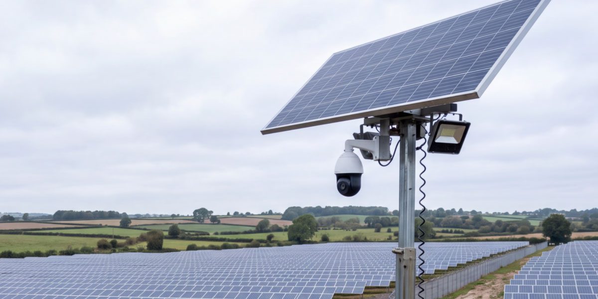 Solar-powered CCTV camera tower providing monitored security coverage across a ground-mounted solar farm.