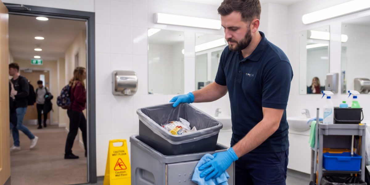 Professional cleaner emptying waste bins and maintaining washroom facilities within a university campus building while students move through a nearby corridor.