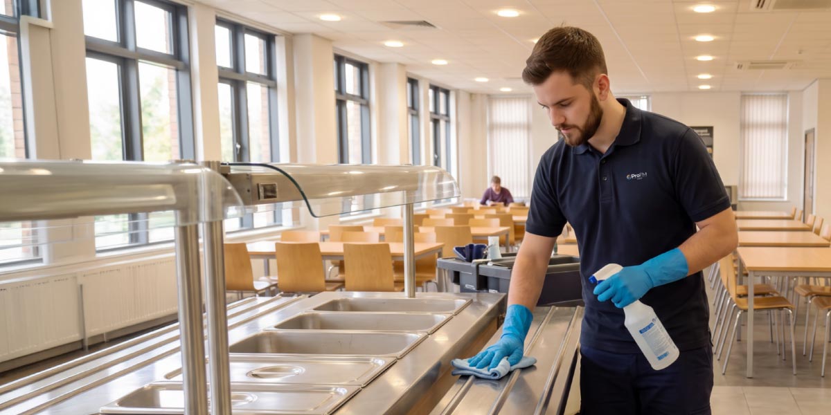 Professional cleaner disinfecting surfaces in a university dining and communal area to maintain hygiene and reduce health risks.