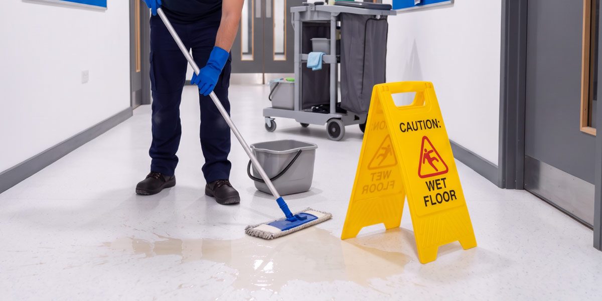 Professional cleaner mopping a university corridor with wet floor safety signage in place as part of a scheduled campus cleaning programme.