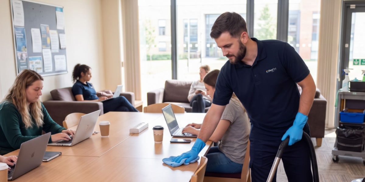 Professional cleaner disinfecting tables within a university study area while students use the surrounding learning space.