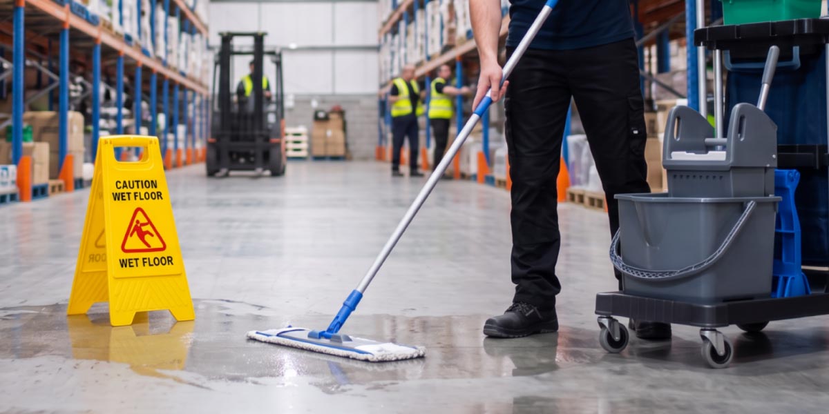 Warehouse cleaner mopping a warehouse floor with wet floor safety signage in place to reduce slip risks and maintain a safe working environment.
