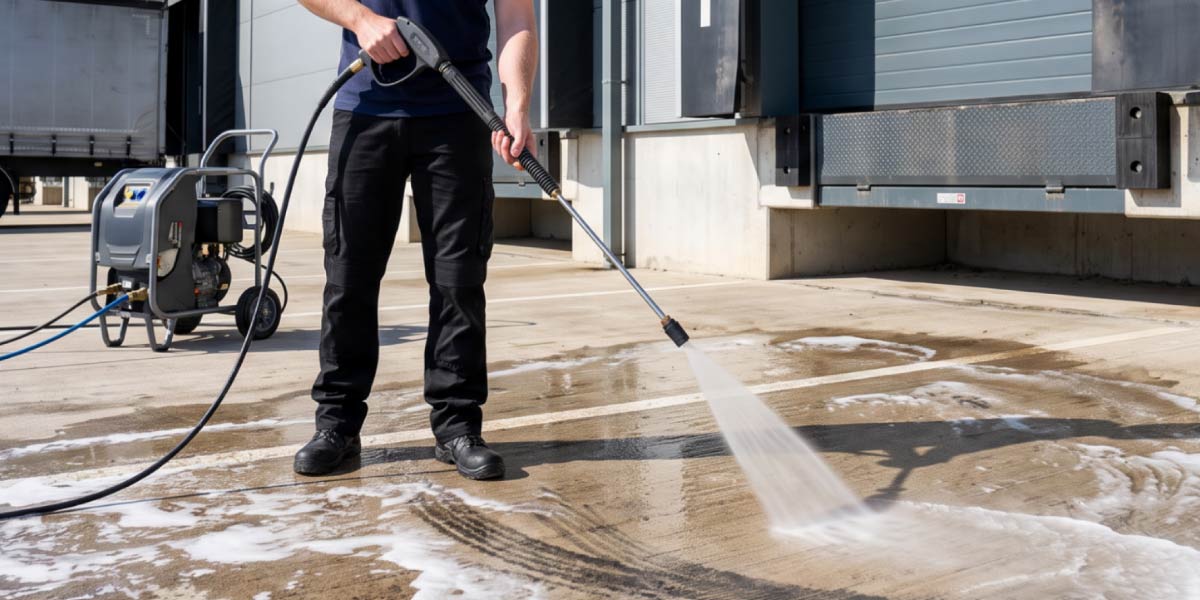 Warehouse cleaning operative pressure washing a loading bay area to remove dirt, spills and debris from external warehouse surfaces.