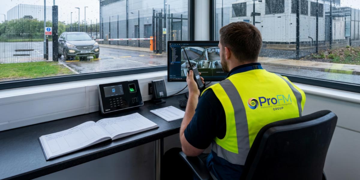 ProFM gatehouse security officer monitoring CCTV cameras, recording site access and managing vehicle entry at a secure commercial facility.