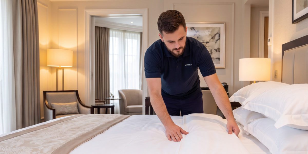 Hotel housekeeping operative preparing a guest room and arranging bedding as part of a hotel room turnaround service.