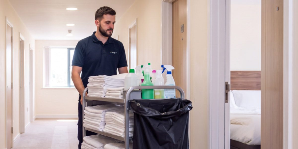 Professional hotel cleaner transporting fresh linens and cleaning supplies through a hotel corridor during guest room turnaround cleaning.