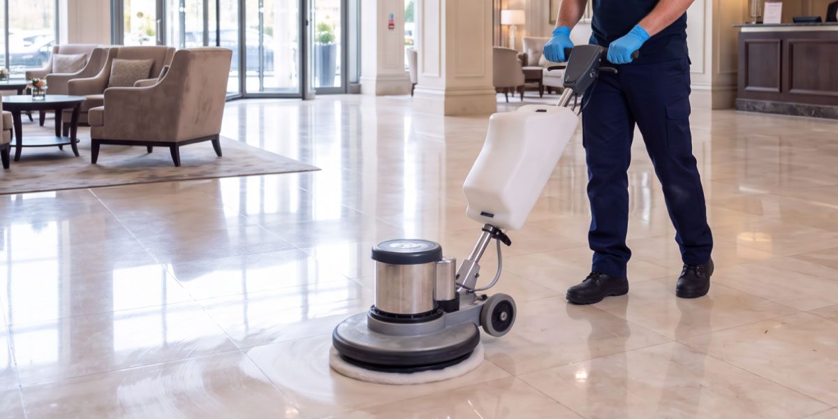 Professional cleaner using a floor polishing machine in a hotel lobby as part of a documented hotel cleaning and quality assurance programme.