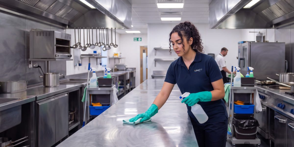 Professional cleaner disinfecting stainless steel surfaces in a commercial hotel kitchen as part of a hospitality cleaning service.