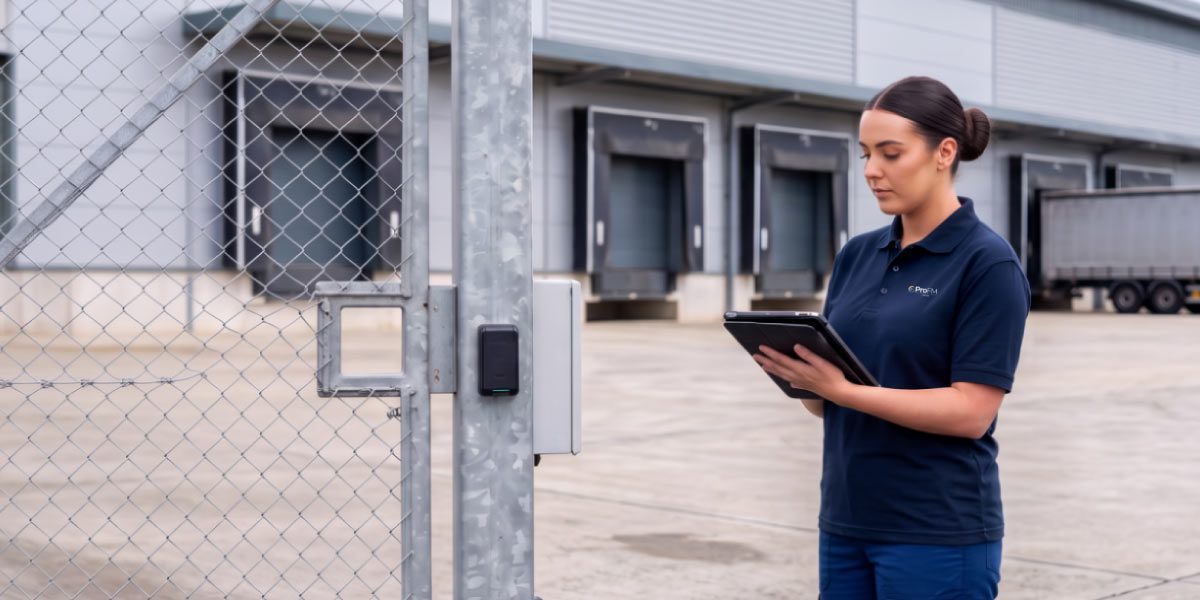 ProFM security officer using a tablet to record a security patrol check beside a secure gate at a commercial logistics facility.