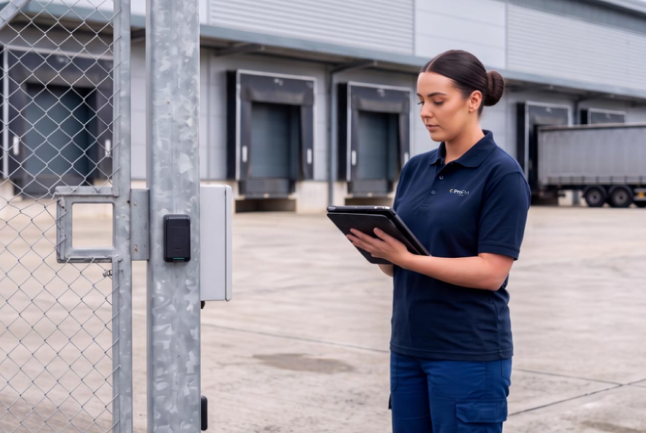 ProFM security officer using a tablet beside a secure warehouse perimeter gate and access control system at a logistics facility.