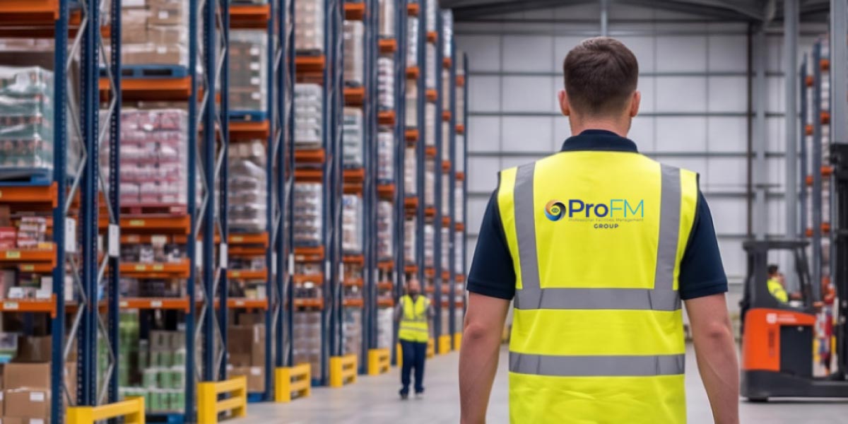 ProFM security officer conducting a patrol inside a warehouse with pallet racking, stock inventory and logistics operations in progress.